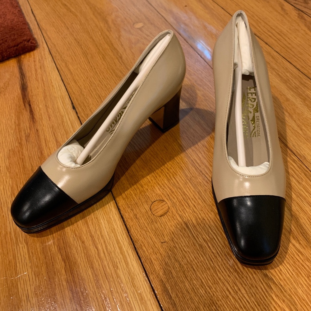 Ferragamo Black and Tan pumps